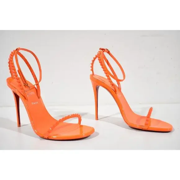Christian Louboutin So Me 100 Orange Patent Ankle Strap Sandal Heel Pump 38